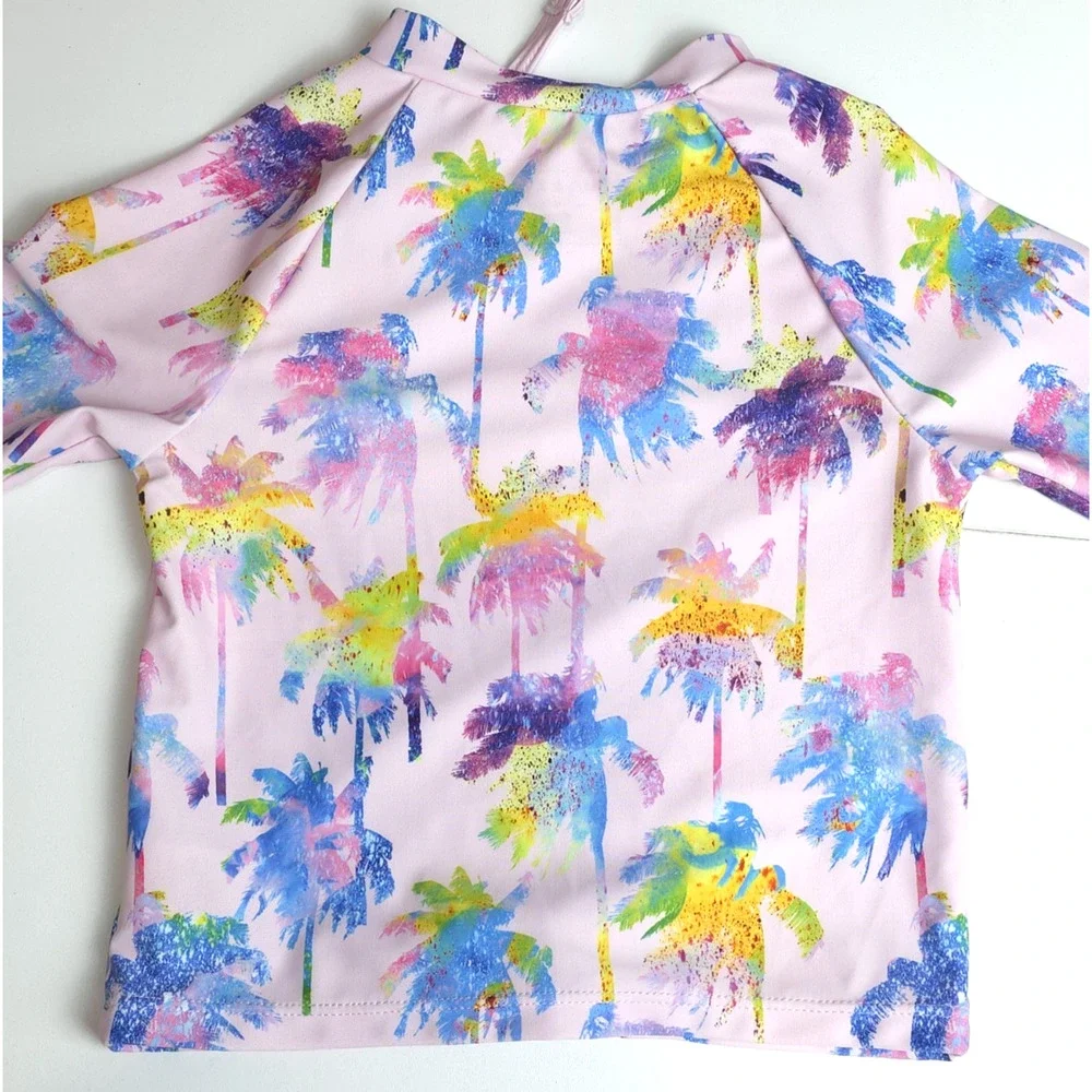 Andy & Evan Girl‎ 3T Swim Rash Guard Shirt Mock Neck Zip Palm Trees Pink Beach